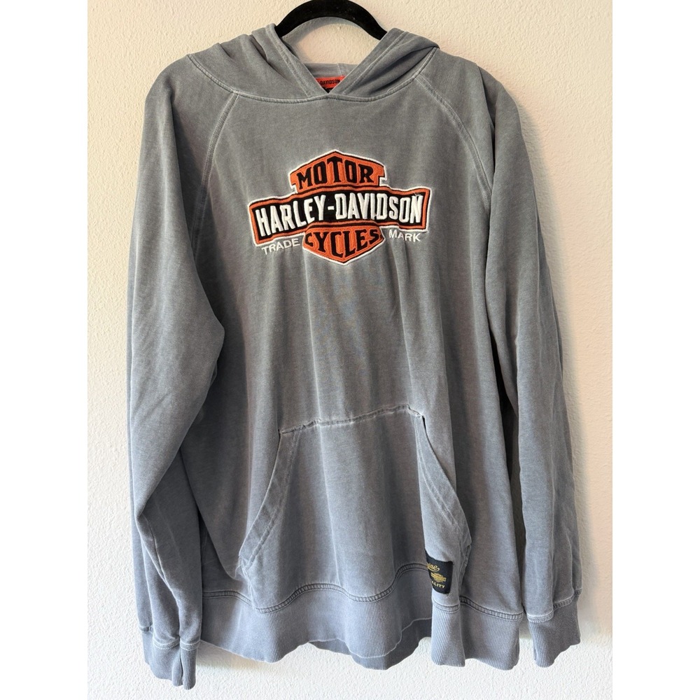 Harley Davidson Hoodie XL Gray Embroidered Logo Pullover 100% Cotton Sweatshirt